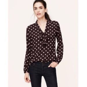 Loft medium Blouse Top Hearts Tie Neck Brown Cream